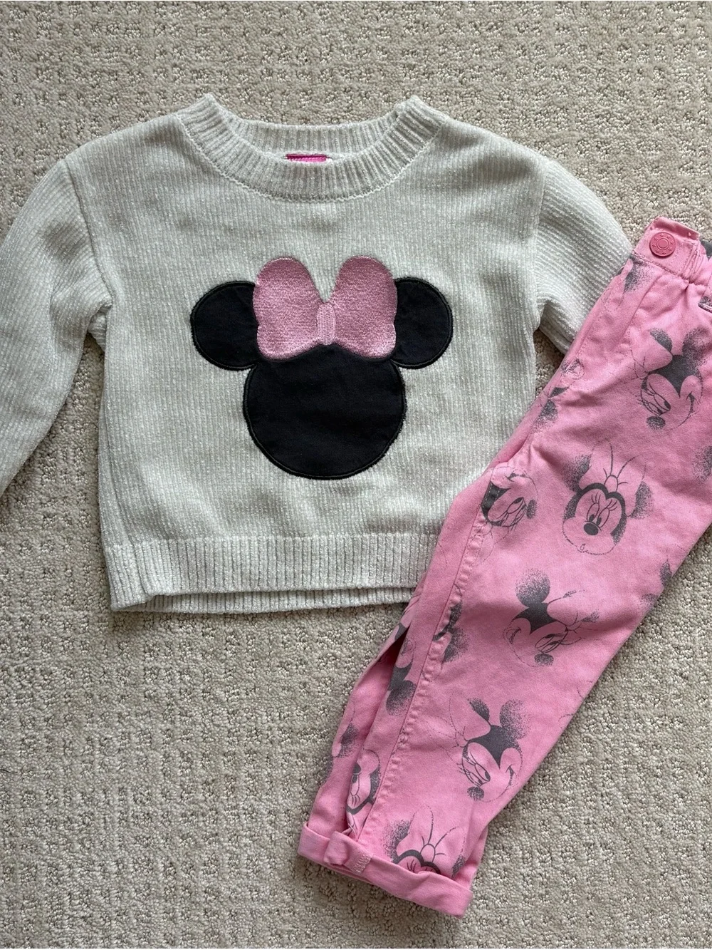 Disney Junior Girls Cream Knit Sweater with Black Minnie Silhouette and Pink Bow